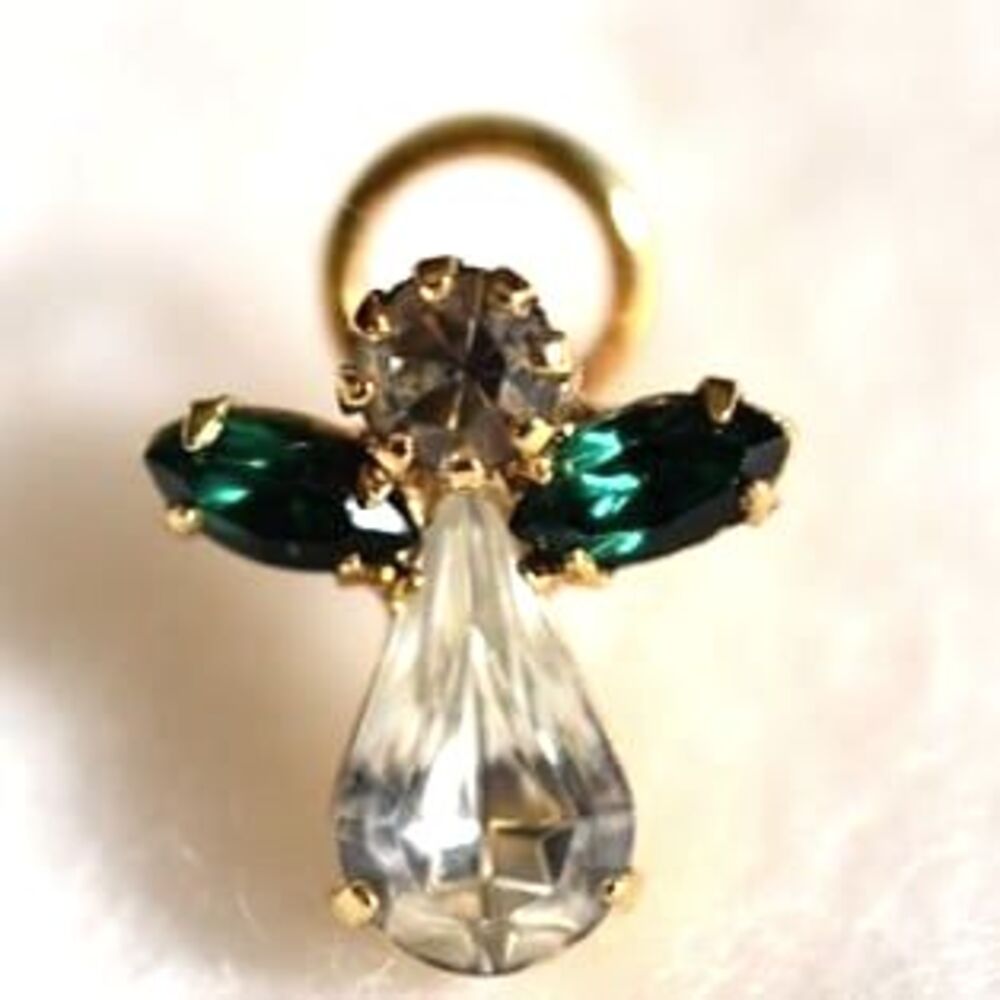 Vintage Guardian Angel 11/16x7/16 inch Emeral Green May Birthstone Gold Tone Pin